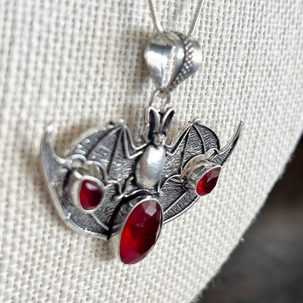 Garnet 925 Sterling Silver BAT Necklace Handmade Gemstone womens Jewelry goth